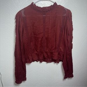 Doen Button Down Back Lace Puff Sleeve Blouse in Burnt Orange Size L